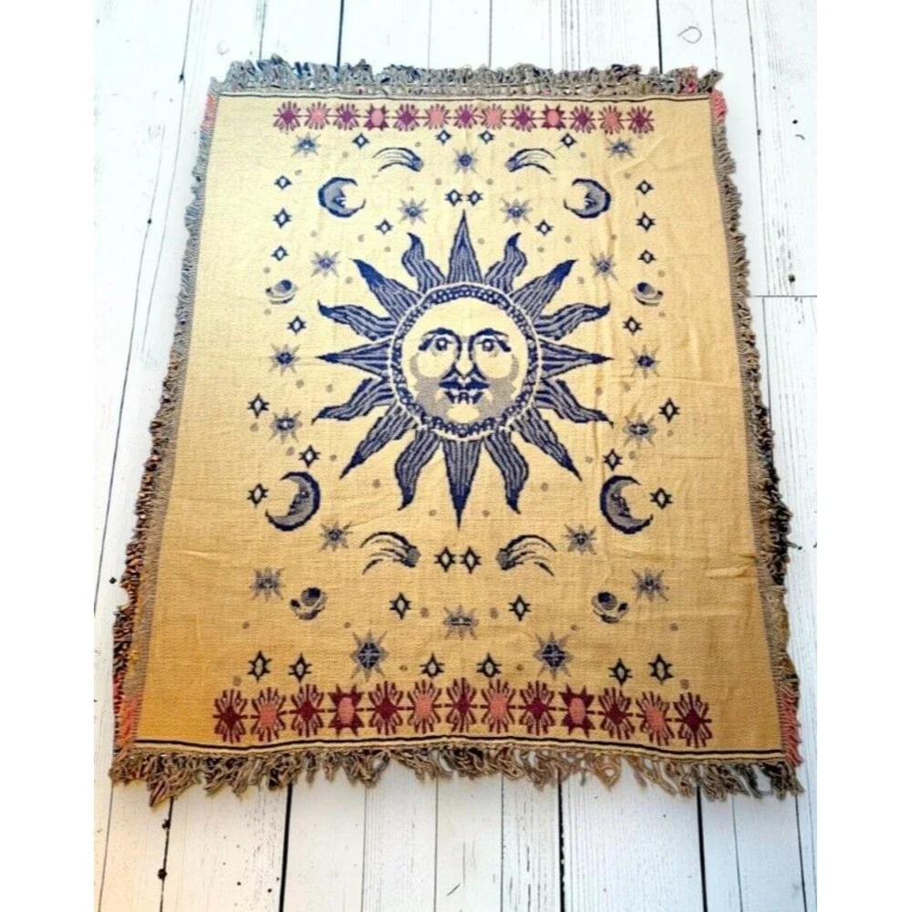 Vintage 1999 Celestial Sun Moon Woven Cotton Throw Blanket 50x60 Whimsigoth NOS